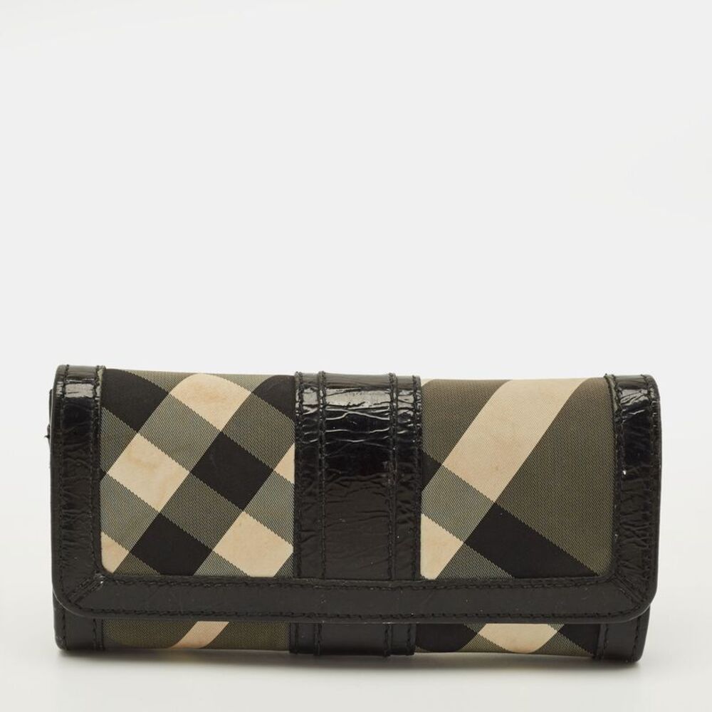 Burberry Black Smoke Check Nylon And Patent Leather Flap Continental Wallet